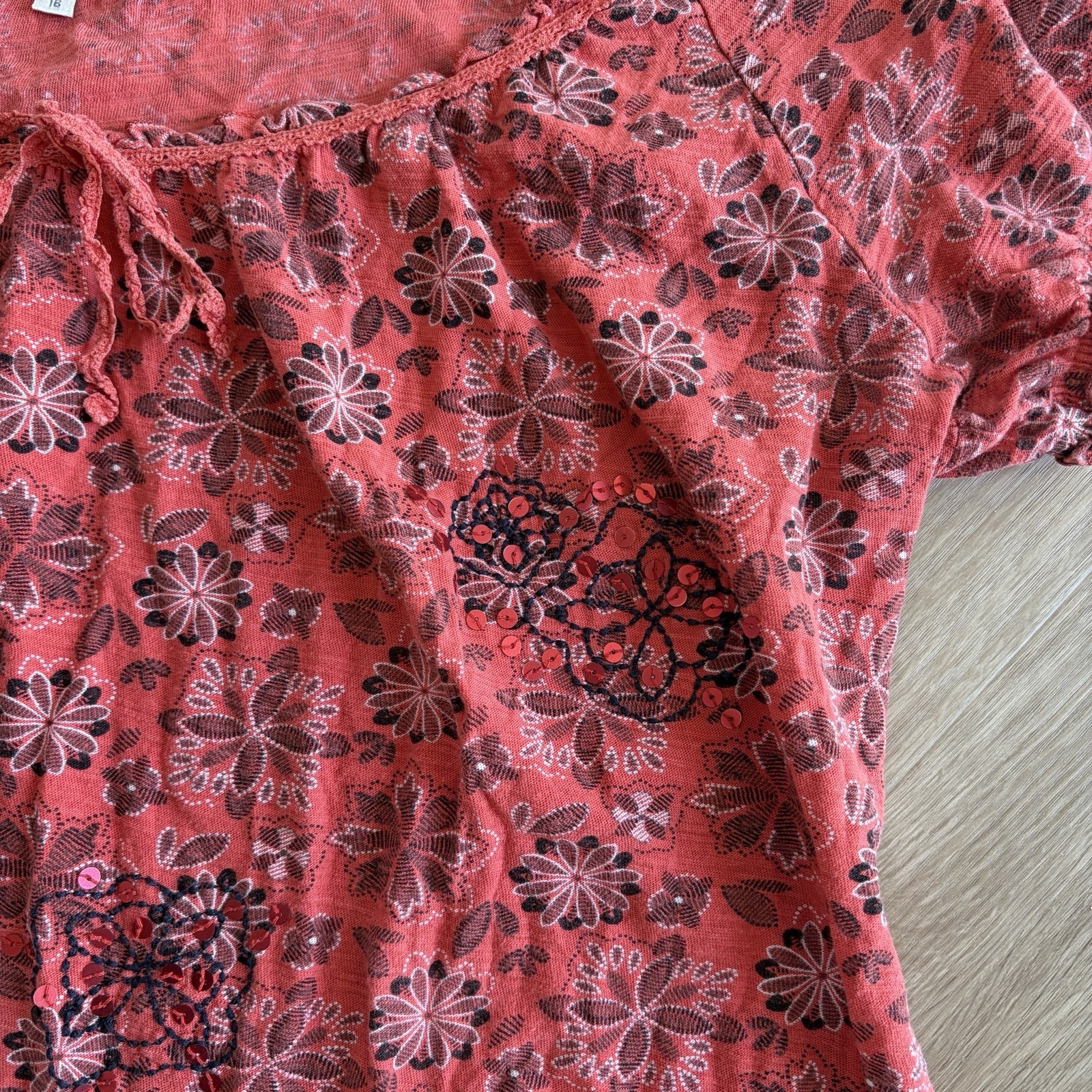 Rocha John Rocha RJR Coral Orange Black Floral Print T-Shirt Top UK Size UK 16 image 3