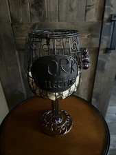 WINE CORK HOLDER Caged Brown Metal Wine Glass Shaped Purple Green Glass Marbles