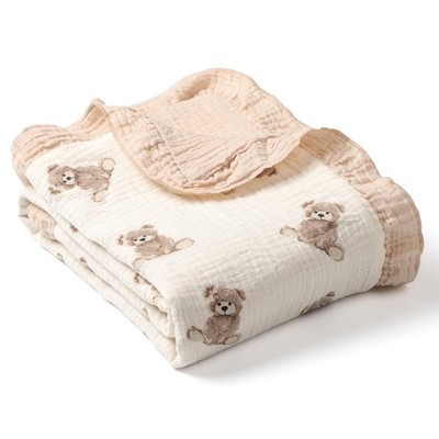 Organic Baby Blanket Flounce Edge Large 50''x43'' Teddy Bear, 100% Muslin Cotto...