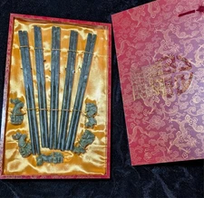 Chinese Chopsticks 5 Pairs Set Natural Jade Nephrite with Rests in Gift Box