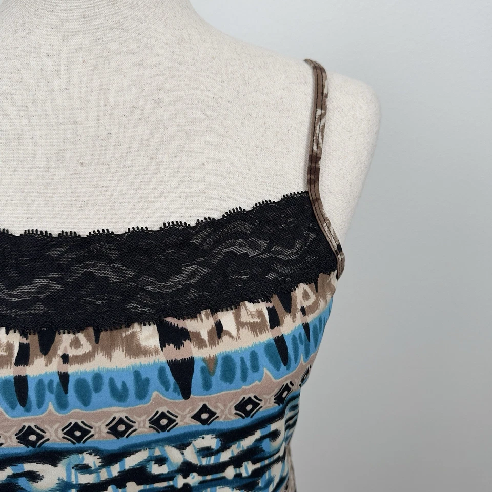 Clear Sky Top Womens M Brown Blue Geometric Lace Trim Cami Fairy Grunge Y2K USA - Image 4 of 4