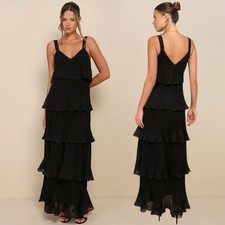 NWOT Lulus Elegant Nature Black Pleated Tiered Chiffon Sheath-Style Maxi Dress