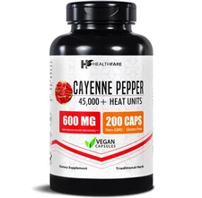 Healthfare Cayenne Pepper Extract, 600mg | 200 Veg Capsules | 45,000 HU