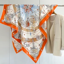 100% Mulberry Silk 53'' Square Scarf Women Neckerchief Wrap Orange wheels Print