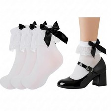 3 Pairs Women's White Ruffled Lace Frilly Anklet Socks White Bobby Socks with