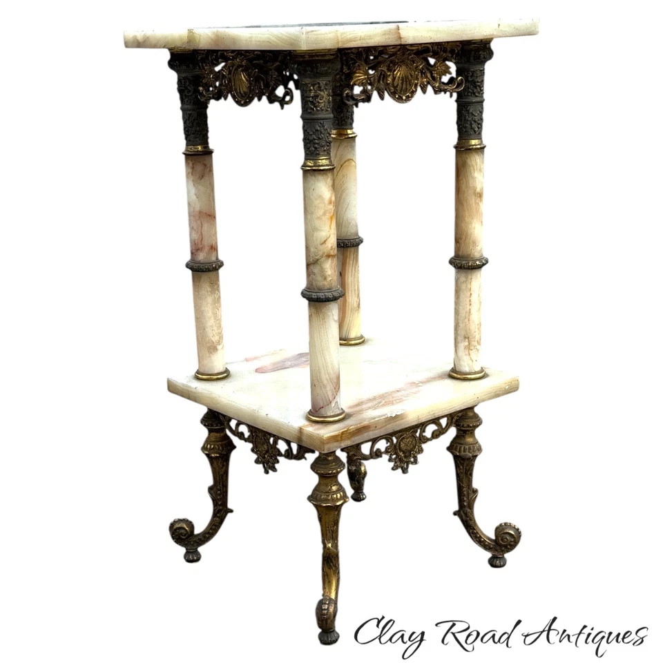 антикварный викторианский декоративный бронзовый пьедестал Belle Epoque из оникса с патинированным боковым столиком - Изображение 2 из 4