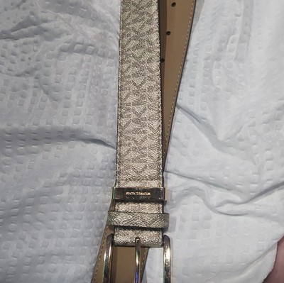 MICHAEL KORS REVERSIBLE BELT MK LOGO W GOLD SQUARE BUCKLE VANILLA/MOCHA Sz Small