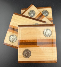 Set of 4 Handmade, Buffalo Nickel Inset, Wooden Coasters