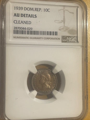 DOMINICAN REPUBLIC 10 CENTAVOS 1939 NGC AU DETAILS KM 19 KEY DATE