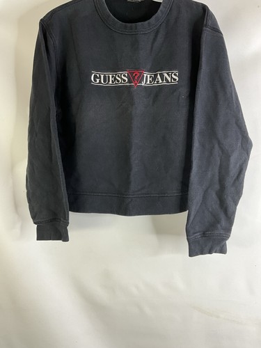 Vintage 90s GUESS Kids Medium Spell Out Faded Crewneck Sweatshirt Black - Picture 3 of 6