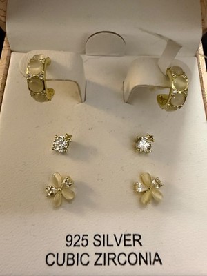 Silver earrings cat eye style with CZ stones gold over 925 set of three