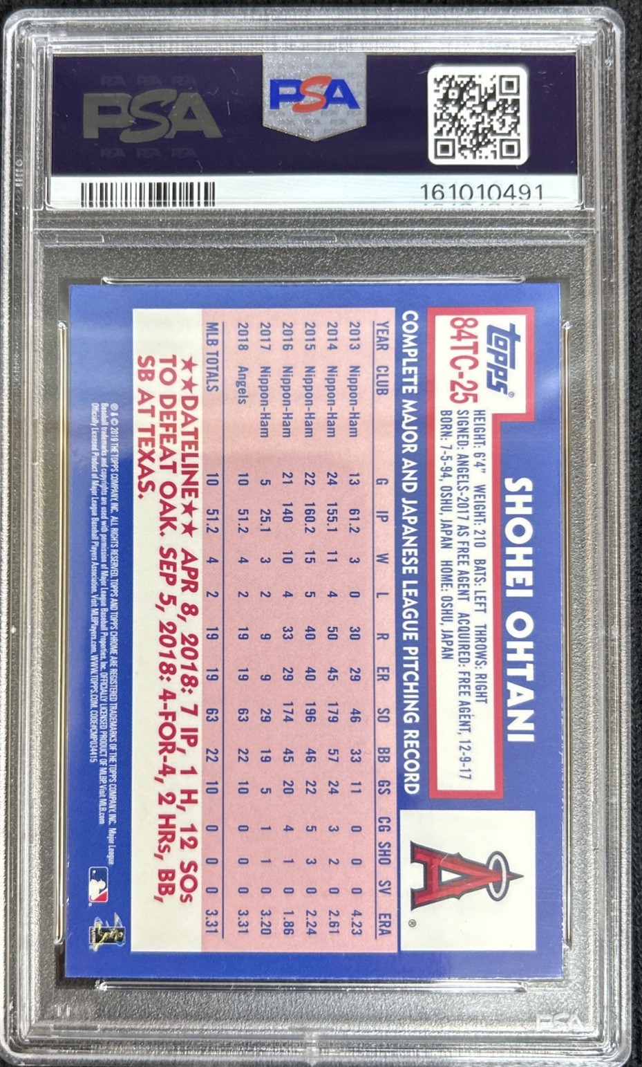 2019 TOPPS CHROME 1984 #84TC-25 SHOHEI OHTANI PSA 9 REFRACTOR view 2