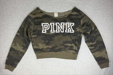 PINK Victoria's Secret Sweatshirt Womens Small Green Camo Cropped Pullover