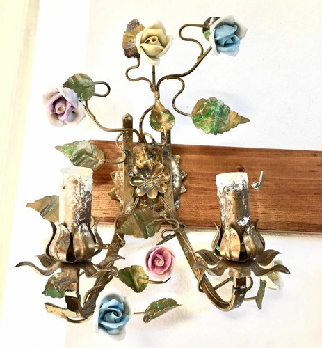 Coppia di applique d epoca liberty In rame e ceramica capodimonte - Foto 2 di 12