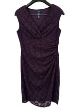 Chaps Dress 12 Sheath Purple Lace Cap Sleeve Ruched V-Neck Date Romantic Party