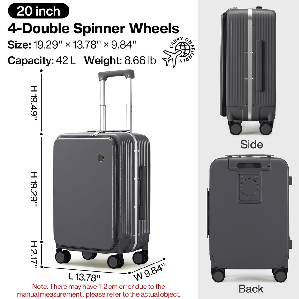 Carry On Luggage with Cup Phone Holder and Charger Hard Shell Suitcases