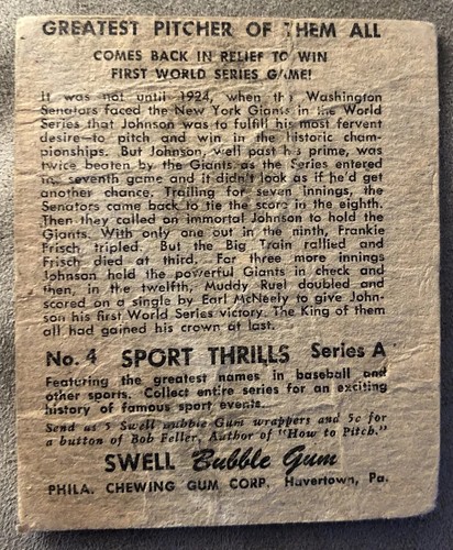 1948 Swell Sport Thrills Walter Johnson Baseball Card #4 Wash. Senators HOF Poor - Picture 4 of 4