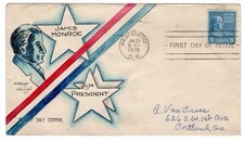 #810 James Monroe Prexy FDC Dorothy Knapp Hand Painted Cachet 1938