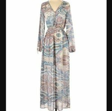 Boohoo Boutique Casual Dress Maxi Blue Pink Ivory Paisley Print Cage Back Size 2