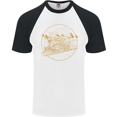 Gold Locomotive Steam Engine Train Spotter Mens S/S Baseball T-Shirt