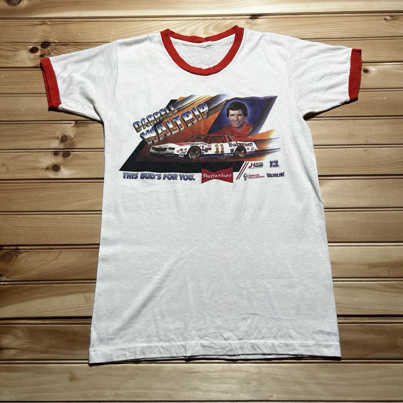 Vintage 80s Darrell Waltrip Budweiser NASCAR Racing Ringer Shirt Size Small