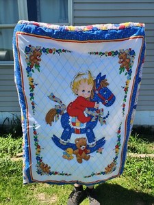 Vintage Hand Quilted Baby Blanket With Baby On Rocking Horse. Beginner Quilter. 