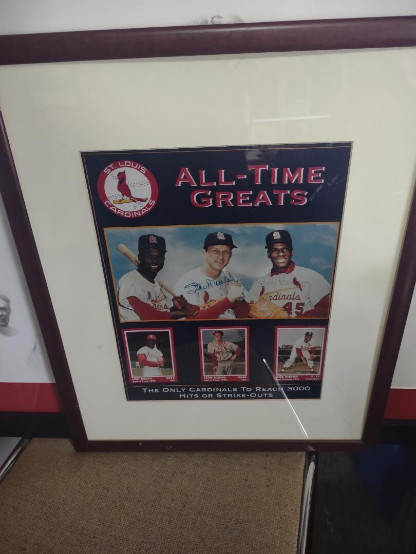 Stan Musial, Bob Gibson, Lou Brock All time greats signed by  display picture 1