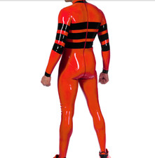 100 Latex Orange Black Catsuit Rubber Full Cover Tights Overall 0.4mm Zip S-XXL