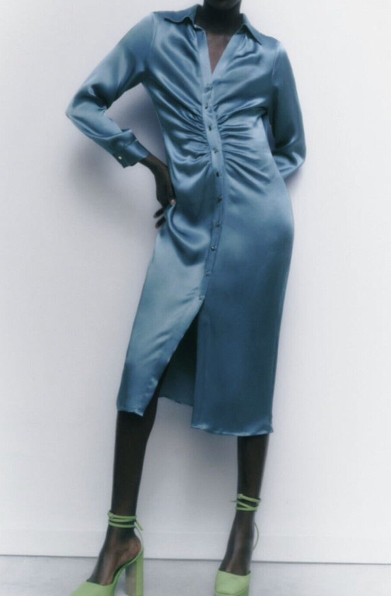 ZARA LIGHT BLUE SATIN SHIRT DRESS WITH GATHERED DETAIL SIZE L 8227/685 BNWT