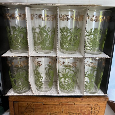 VINTAGE Federal Glass Company 8 Beverage Set Homestead Harvest Tumblers In Box