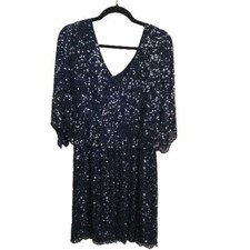 Pisarro Nights Navy Silk Sequin Beaded Blouson Formal Dress Size 8