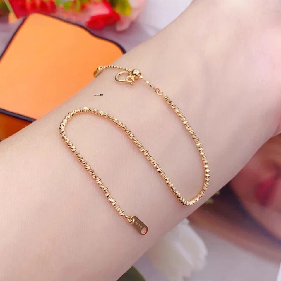 1PC Pure 18K Yellow Gold Chain Women 1.6mm Carved Beads Link Adjustable Bracelet - Image 4 of 4