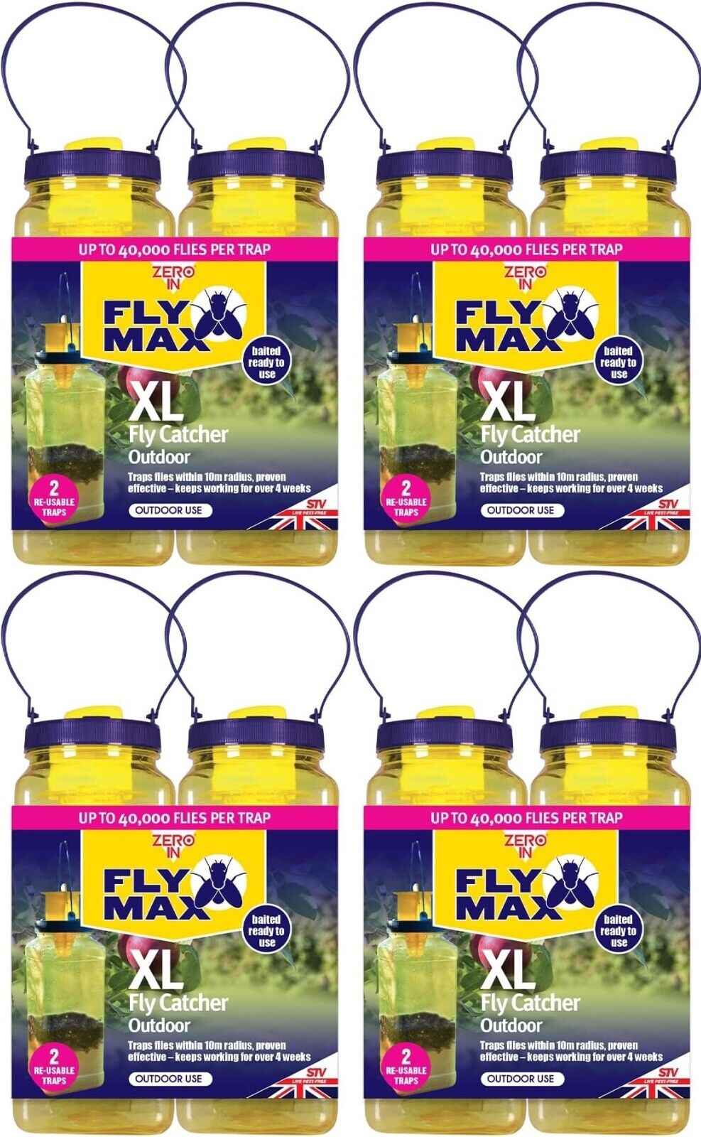 4x Zero In XL Fly Catcher Trap Attracts Insects Baited - 10m Radius - Pack of 2