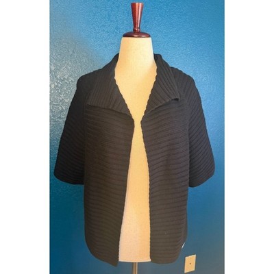 Talbots Petites Medium Black 100% Merino Wool Ribbed Open Front Cardigan Sweater