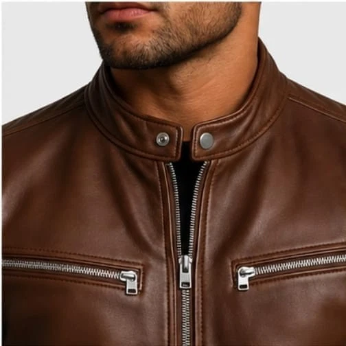 Men's Brown Leather Biker Jacket Cafe Racer Style Stand Collar Zip Pockets Men - product detail image 2