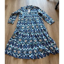 Mollar Ikat Tiered Midi Dress Womens XL Blue Long Sleeve Boho Button Front NWT