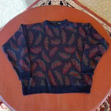 Vintage 80s Navy Wool Blend Patterned Knit Sweater