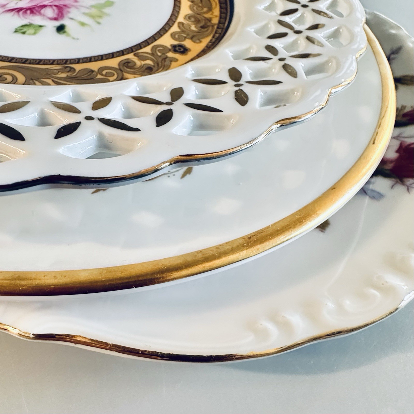 3 Vtg Mismatched China SALAD Luncheon Plates Plate Mixed Floral Pink Gold White