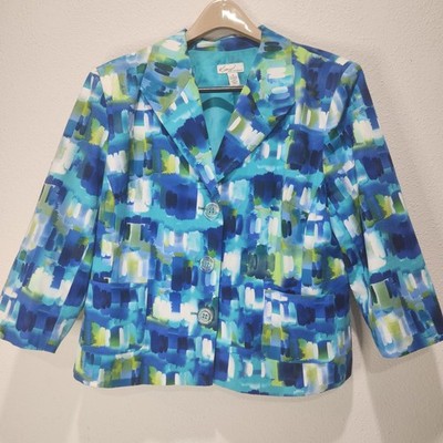 Kim Rogers Womens Blazer Size 18 Blue Green Abstract Print Vintage Boho Chic Y2K