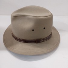 Vintage Safari Hat Made in USA Stiff Khaki Tan Fedora Cap Weather Brim Panama M