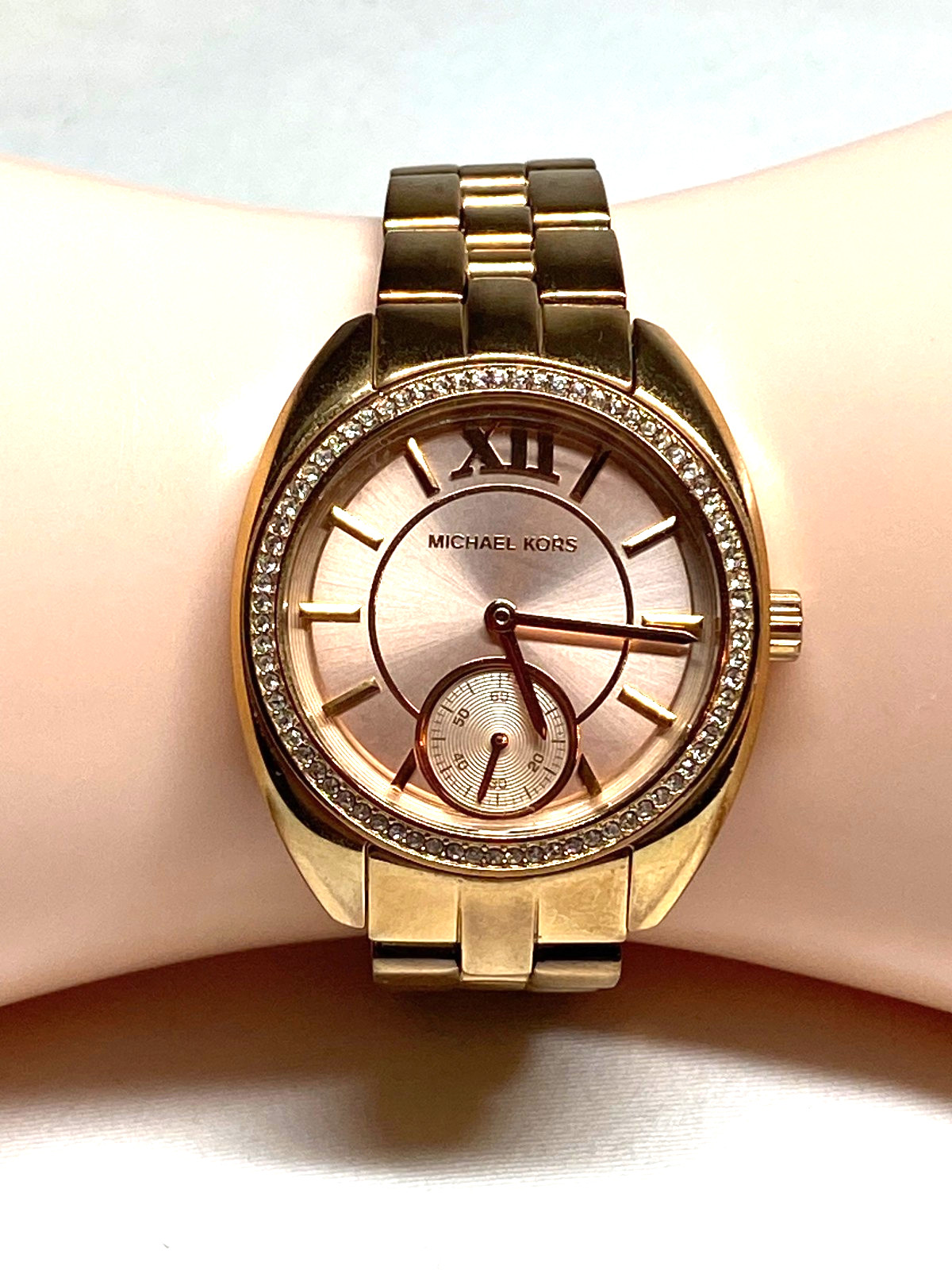 Gold Bracelet Crystal Kors Circle Hand Watch Michael Second Bezel Band Tone Rose - vintagewatches.pk