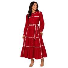 *NWT* Crown & Ivy Maxi Dress Womens Large Red Ric Rac Trim Tiered Long Sleeve