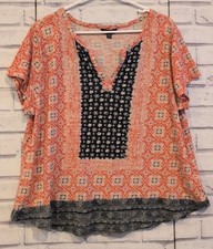 Lucky Brand Women's Size 1X Knit Top Blue Orange/Red Geometric V-Neck Boho