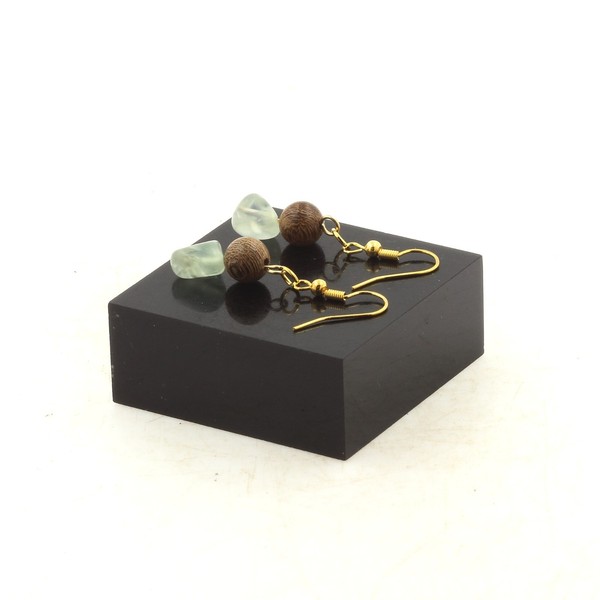 Ohrringe 2 Perlen Prehnit Aus Kanada + Holz 8 Mm Aus Edelstahl Vergoldet-image