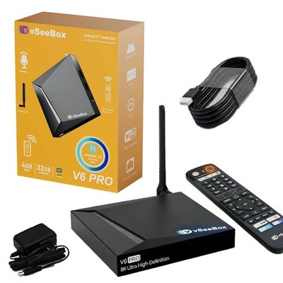 vSeeBox V6 Pro Android 14 Device with 4GB+32GB, Dual-Band WiFi, Bluetooth Remote