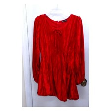 Very J Red Crushed Texture Long Sleeve Tie Front Babydoll Mini Dress S /#26891