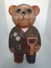 Vintage Wooden Bear Sculpture With Shovel,  Decorative Item Bear Figurine