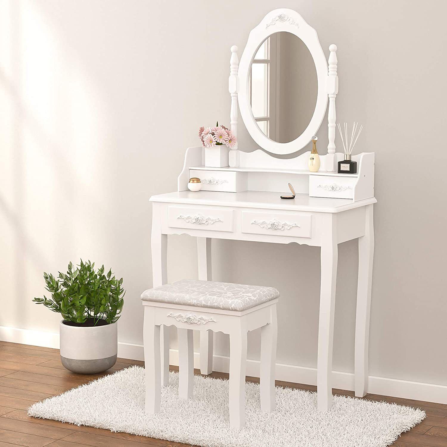 Vanity Makeup Dressing Table Stool Set w/4 Drawers& Mirrors Wood Desk White
