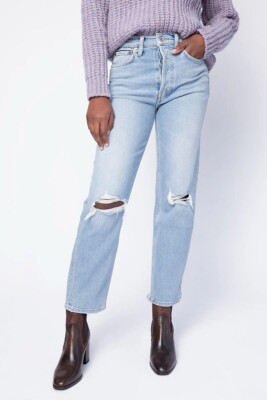 RE/DONE 70s Stove Pipe Distressed Straight Leg Light Denim Size 25