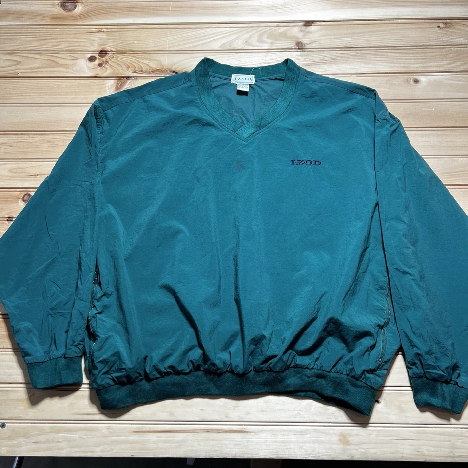 Vintage Izod Pullover Men’s Large Green V Neck Windbreaker Golf Jacket Packable - Image 2 of 4